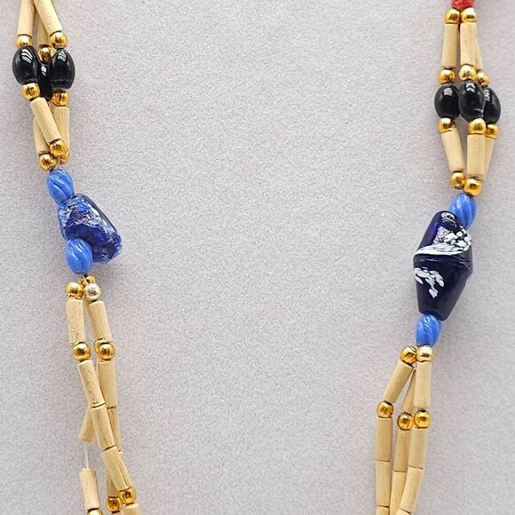 Handcrafted Multicolor Glass Bead Bamboo Necklace With Gold Accents - Picture 3 of 6